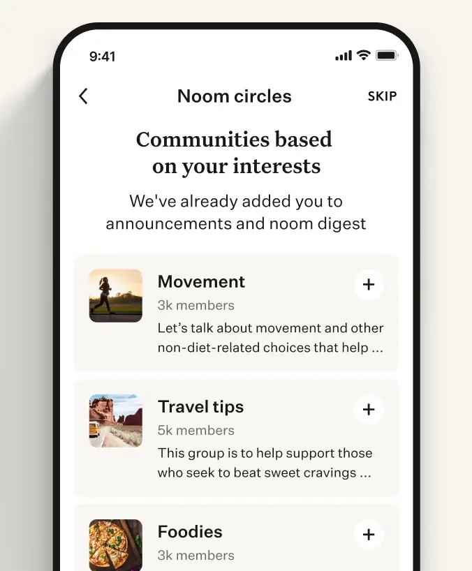 Noom app showing community tabs