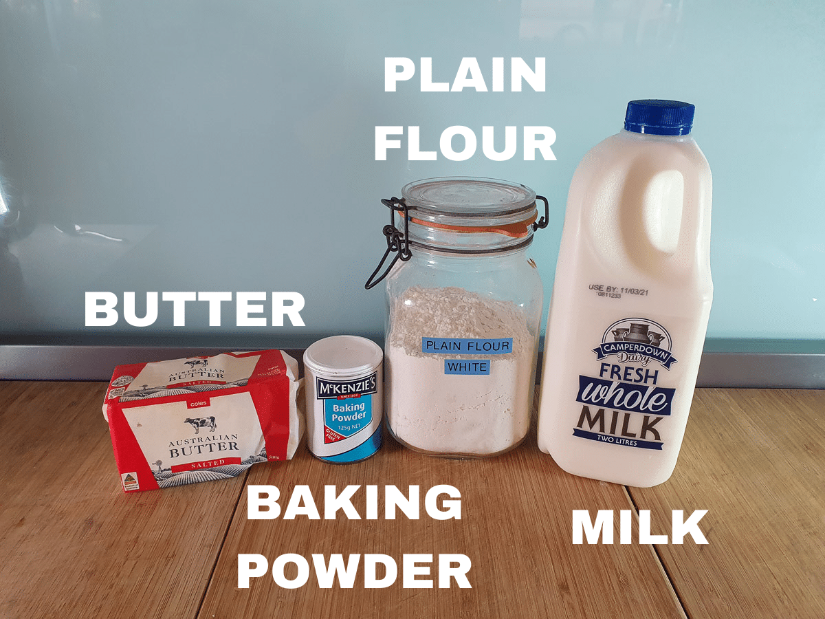 Damper ingredients, butter, baking powder, plain flour, milk.