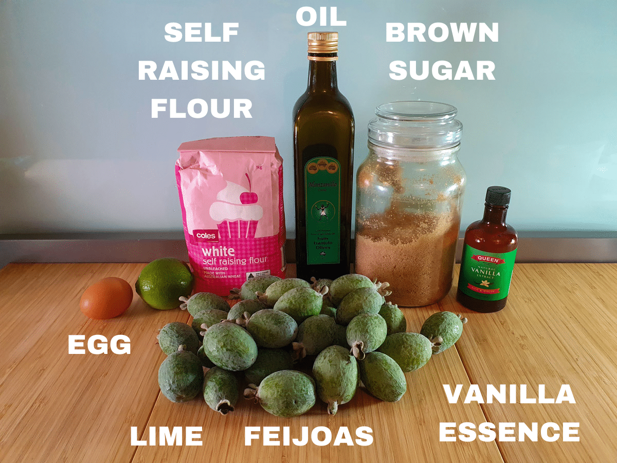 Feijoa muffins ingredients, egg, lime, feijoas, oil, brown sugar, self raising flour, vanilla essence.