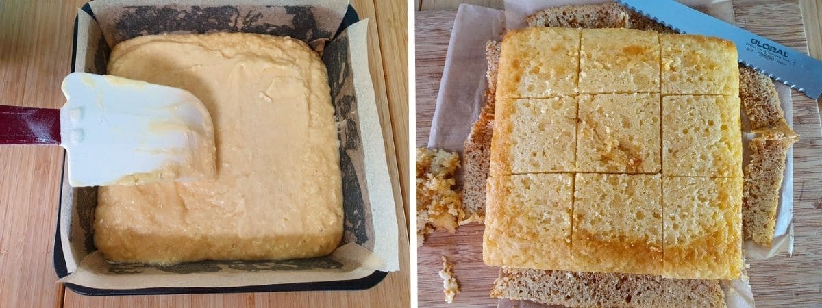 Process shots: smoothing down the cake batter in the cake tin, cutting off the smooth edges of the cooked, cooled cake, ready to freeze.