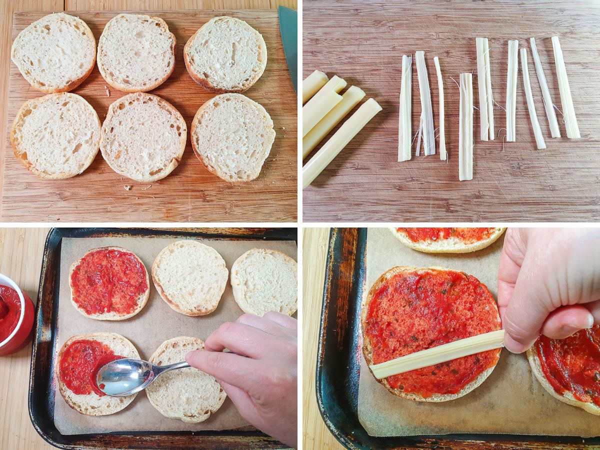 Process shots: slicing open English muffins before toasting, separating string cheese, spreading on pizza sauce, laying on string cheese and pinching off overhang.
