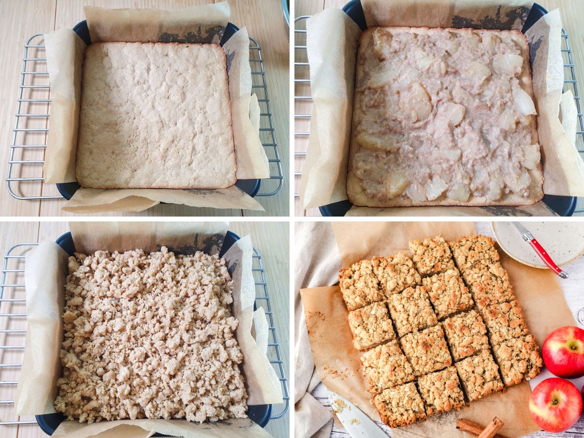 Process shots: blind baked biscuit base, adding apple filling, crumbling topping onto apple filling, baked and sliced apple slice.