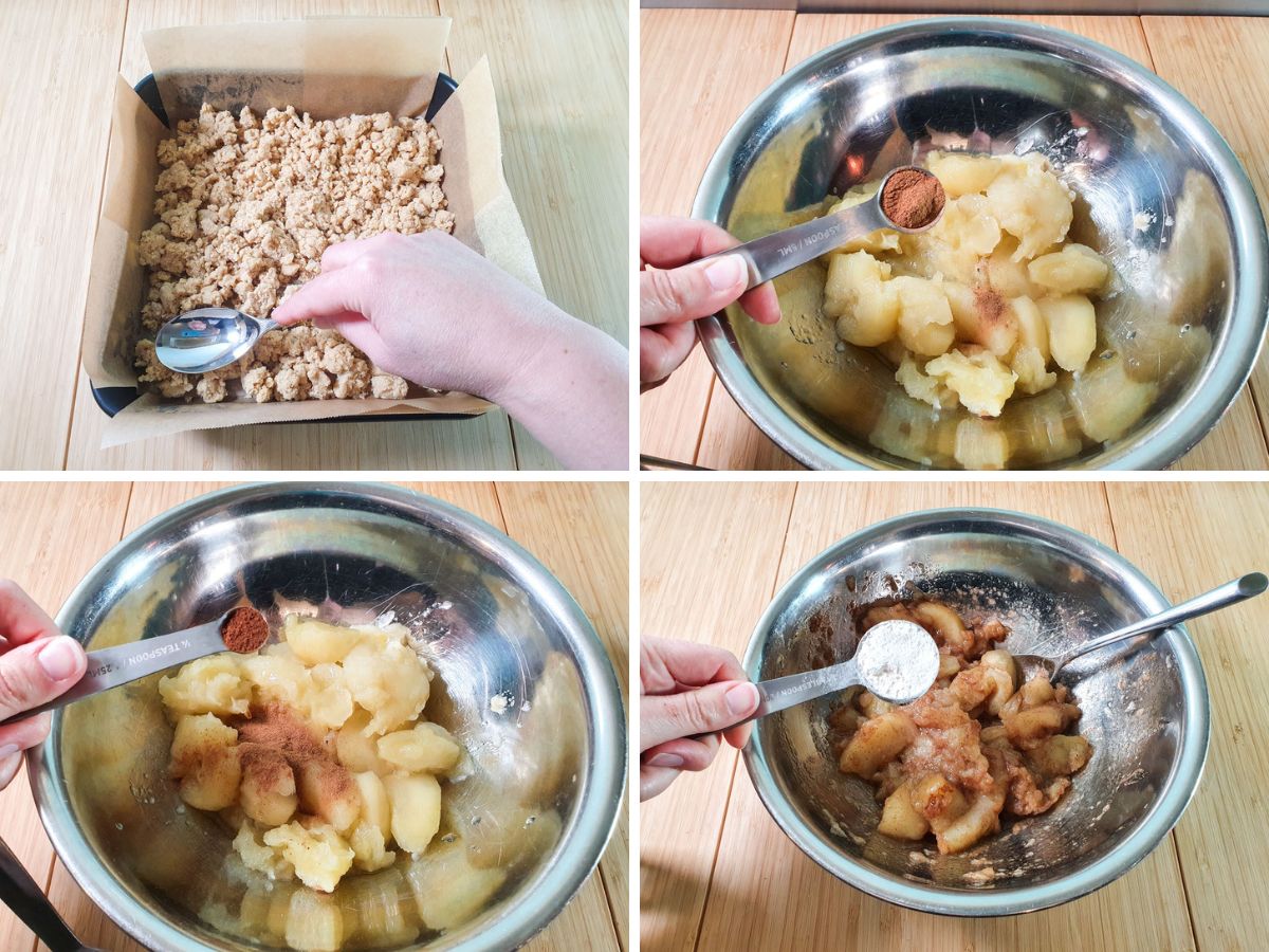 Process shots: pressing biscuit base into lined tin, adding cinnamon, cloves and flour to tinned apples for filling.